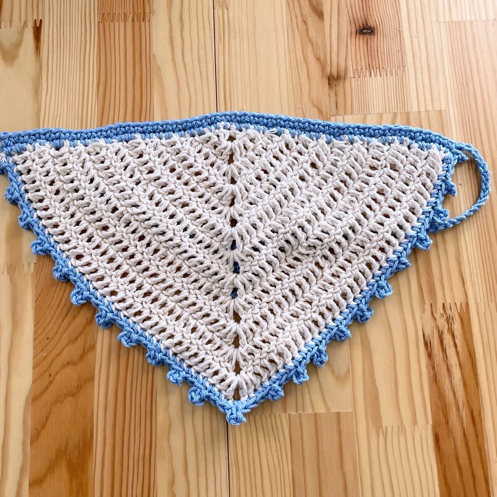 Crochet Triangle Bandana with Blue Trim
